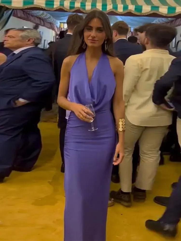 Elegant Purple Halter Lace Up Bodycon Midi Dress Women Sexy Blackless Sleeveless Side Split Robes Chic Summer Lady Party Dresses 250313