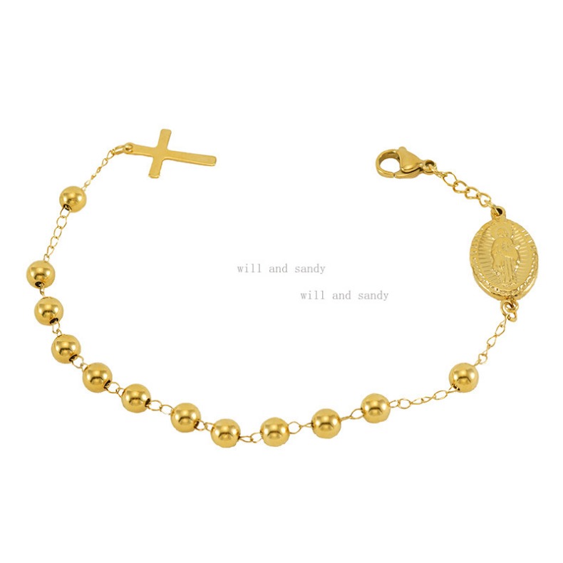 Catholic Rosary 18k Gold Religious Virgin Mary Religious Cross Charm Bracelet Non Tarnish Stainless Steel Bead Chain Bracelets Woman Fashion Jesus Fin