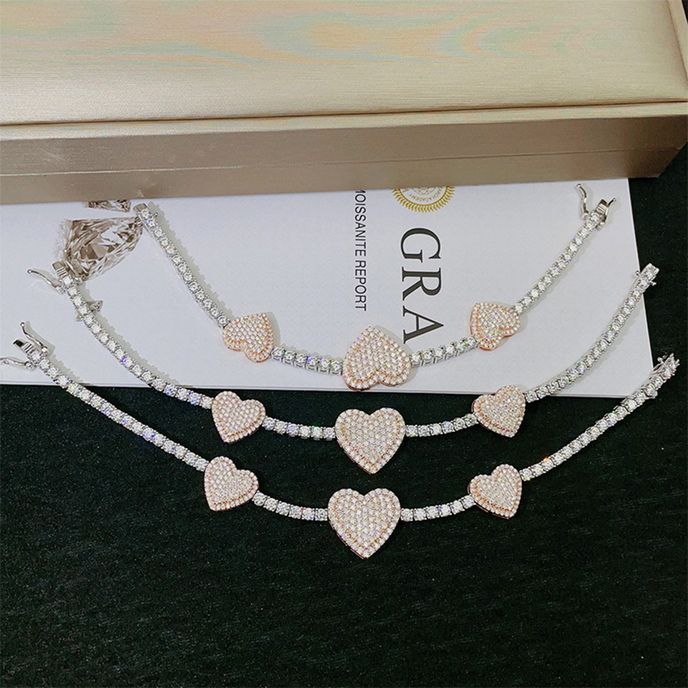 3mm Moissanite Heart S925 Silver Tennis Chain Necklaces For Women Iced Out Hand Chain Pass Diamonds Tester Hip Hop Goth Jewelry