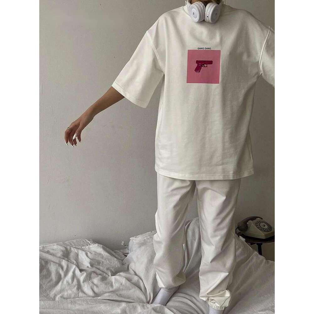 100% Cotton Pink Print T Shirt Women 2024 Summer New Basic Vintage Tee Casual Loose Chic O Neck Female Couple Tops