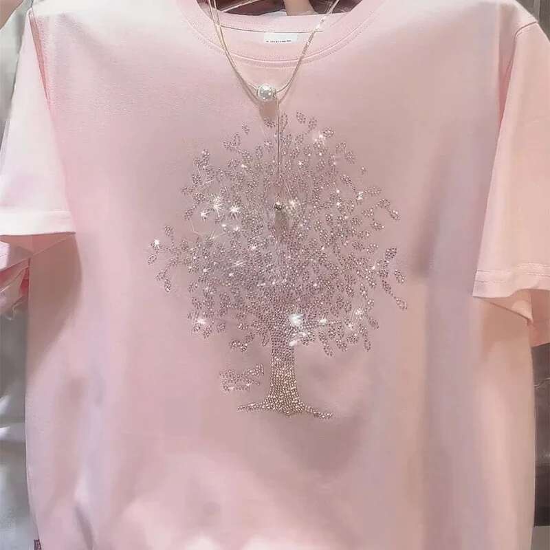 Women's Summer New Fashion Commute Cotton Round Neck Dias Printed Solid Color Loose Short Sleeve Casual T-Shirts Tops