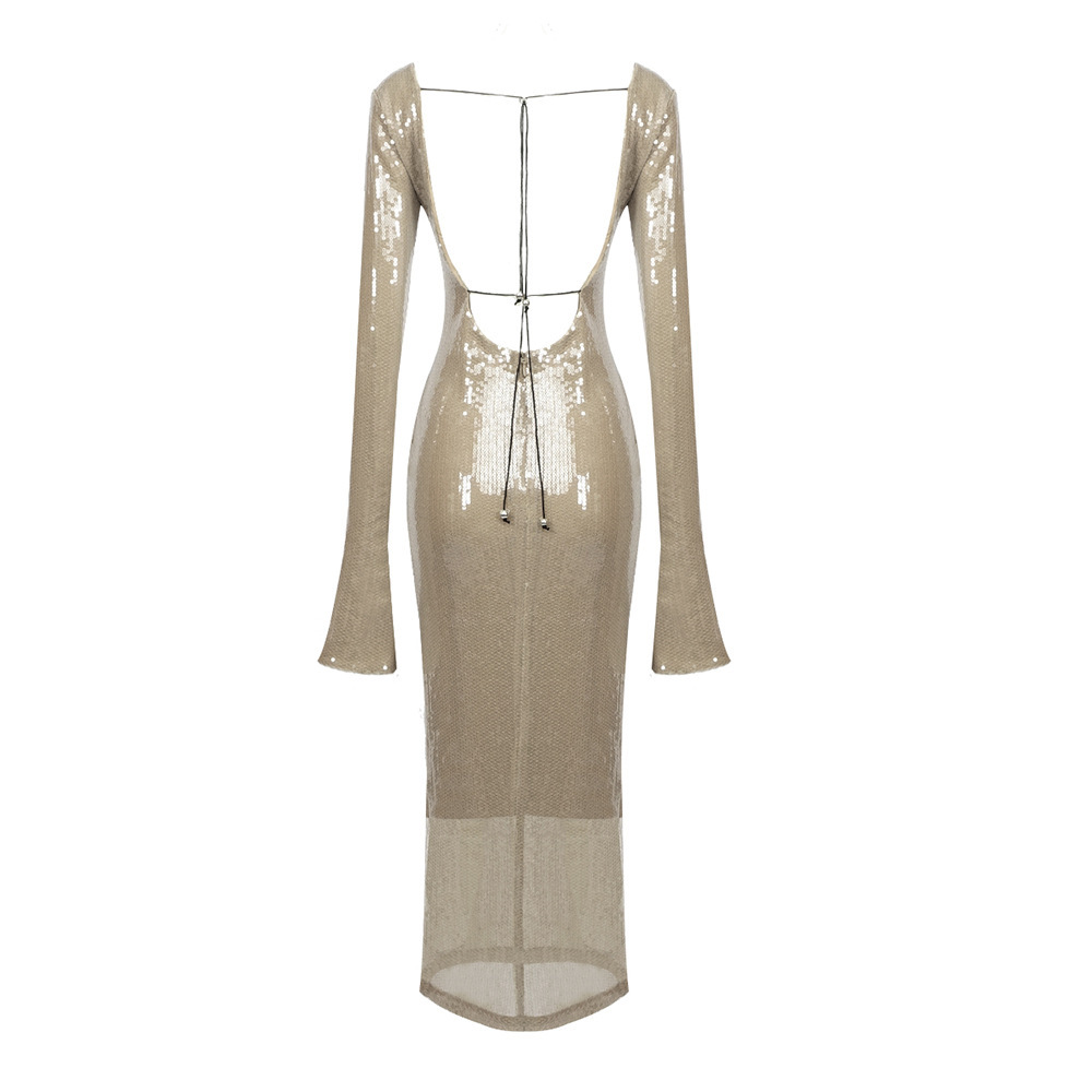 F88 Women's mesh deep V dress sexy sequin dress long sleeve dress for mature women