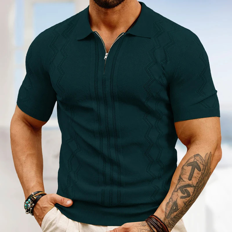 Summer Mens Clothing y Patchwork Knit Polo Shirt Leisure Zipper Short Sleeve Retro Geometric Fashion Knitwear 250313