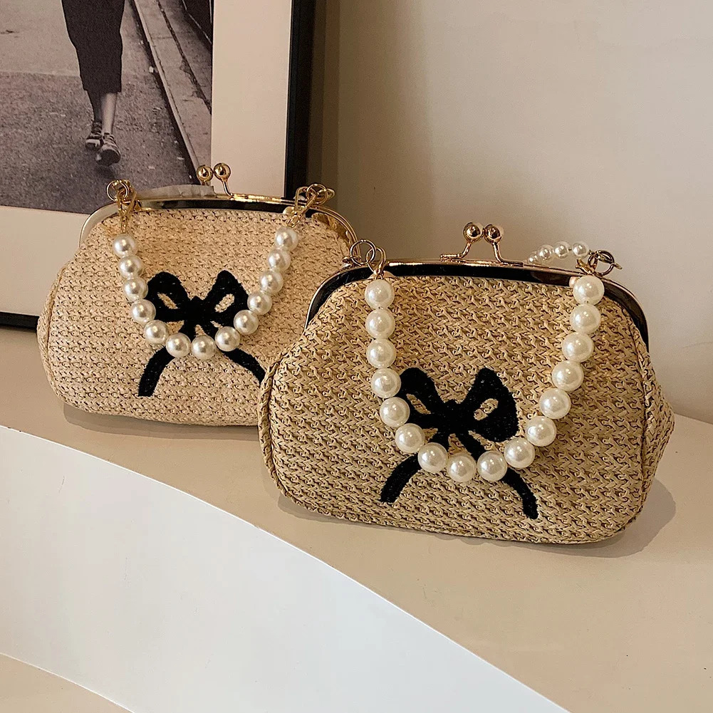 Summer Straw Bag Women Bow Shoulder Bags Pearl Chain Clutch Luxury Top Hand Bag Fashion Handbag Purses Crossbody Bag for Women R250312