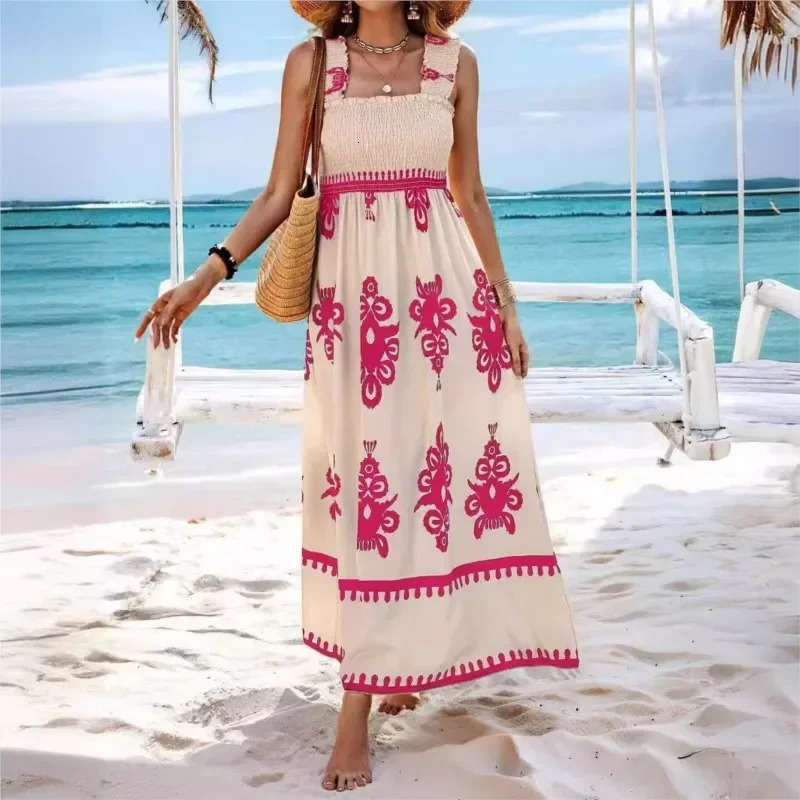 Bohemian womens summer clothing folding shoulder strap print high waist sexy backless beach dress holiday robe fashionable 250313