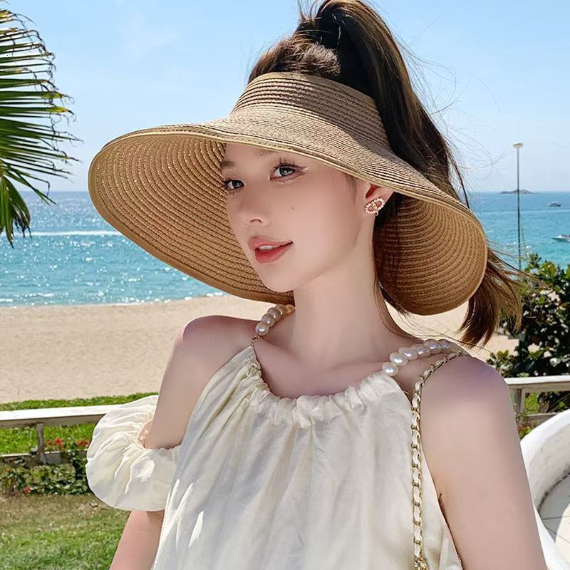 baseball cap Straw woven butterfly empty top foldable beach photo, women's summer face covering hat, sun protection hat