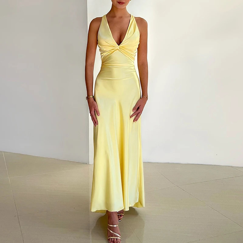 Womens Fashion High Waist Solid Party Dress Sexy Deep Vneck Satin Summer Elegant Backless Bow Lace Long 250313