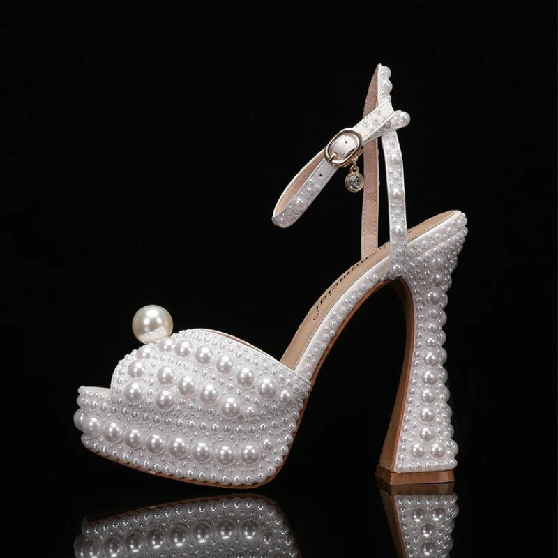 Summer Thick Heel High Heels Water Diamond Pearl Womens Single Shoes Bridal Wedding Shoes Banquet Party Sandals 250312