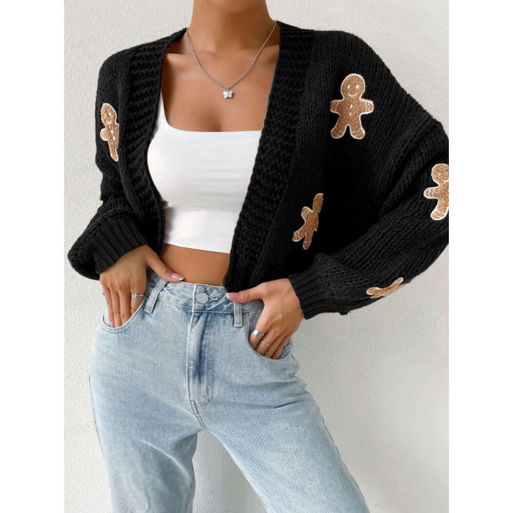 Manufacturer Biscuit Man Pattern Women's Knitted Sweater Short cardigan Spring and Autumn 2025 New Casual Versatile Fashion Clothing