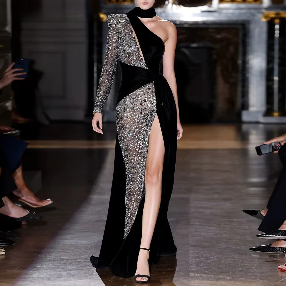 Hit Color Dresses For Women Halter One-Shoulder High Waist Patchwork Sequins Split Dress Female Fashion Clothing