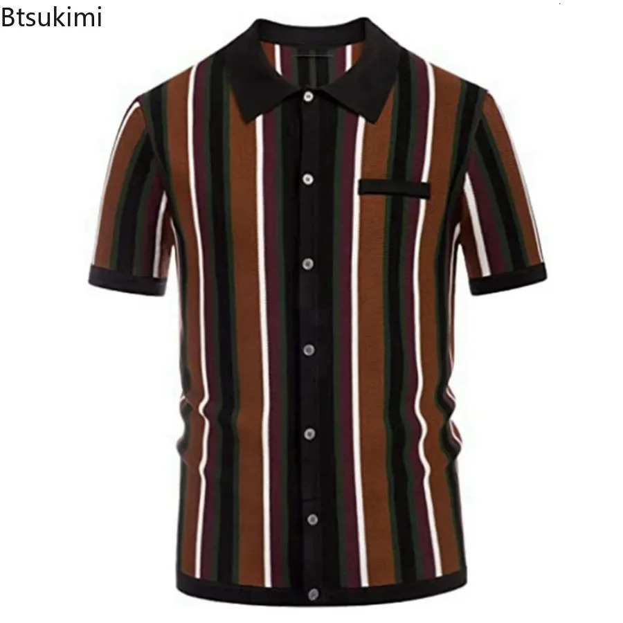 Mens Summer Casual Knitted Shirts British Retro Stripe Patchwork Short Sleeve Jacquard Business Polo Shirt 250313
