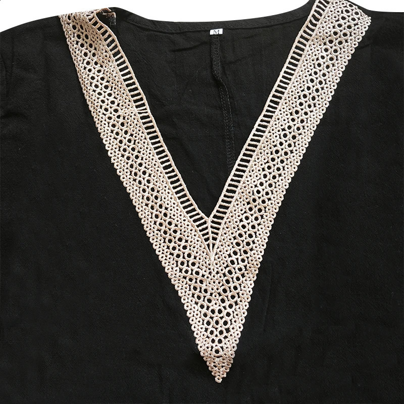 Chic Guipure Lace V-Neck Tunic Dress - Easy-Care Knee-Length All- Season Comfort with Stylish Hollow Details 250313