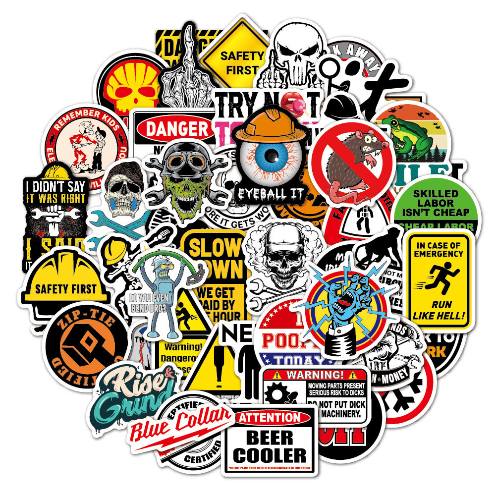 50pcs/lot Safety Helmet Stickers Waterproof Graffiti Warning Decales Decoration for Car Motor Computer Skateboard Luggage Helmet Sticker
