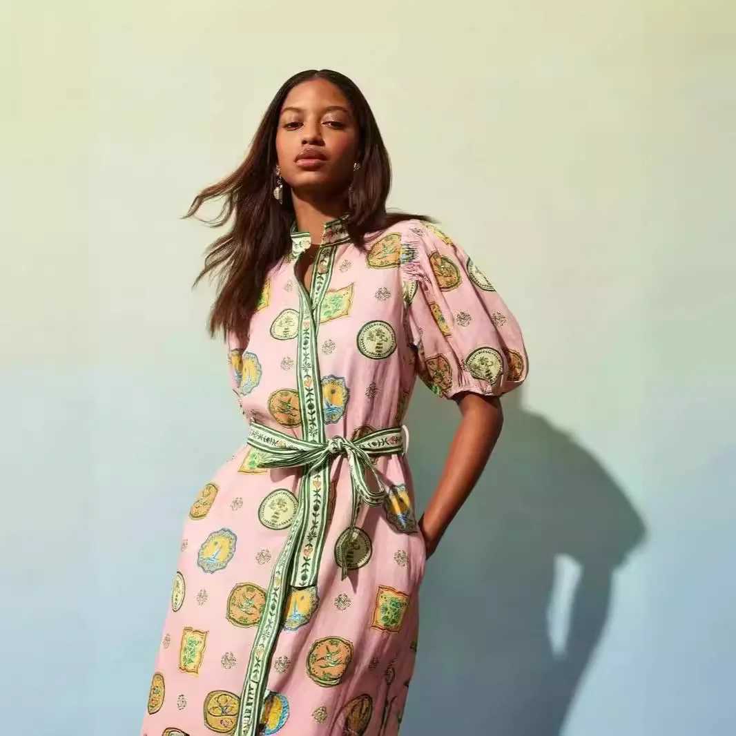 Urban Sexy Dresses Cross border independent station Lant sleeves casual fashion printed shirt DR womens belt Y2403126S8G