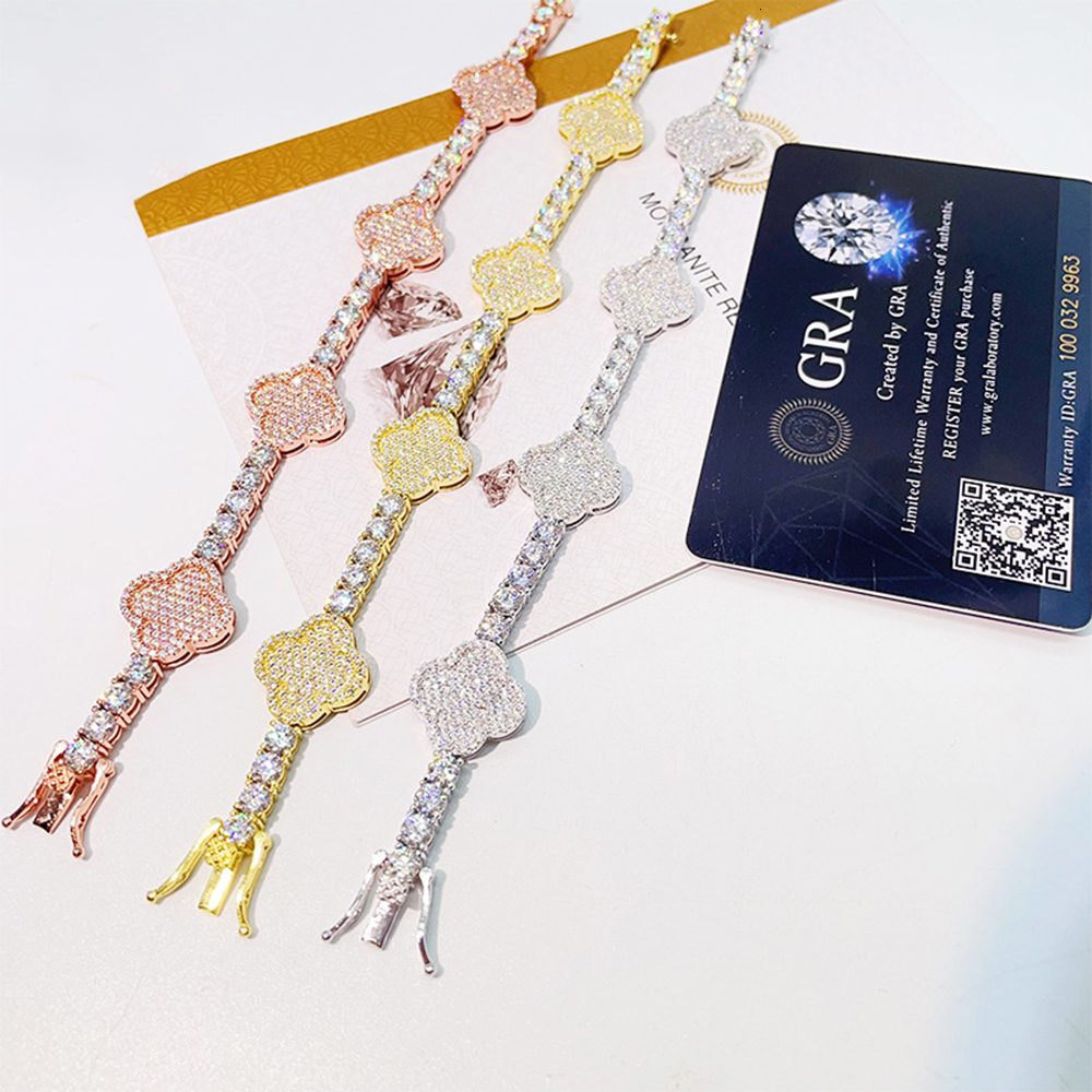 4mm Moissanite Clover S925 Silver Tennis Chain Bracelets For Women Iced Out Hand Chain Pass Diamonds Tester Hip Hop Jewelry