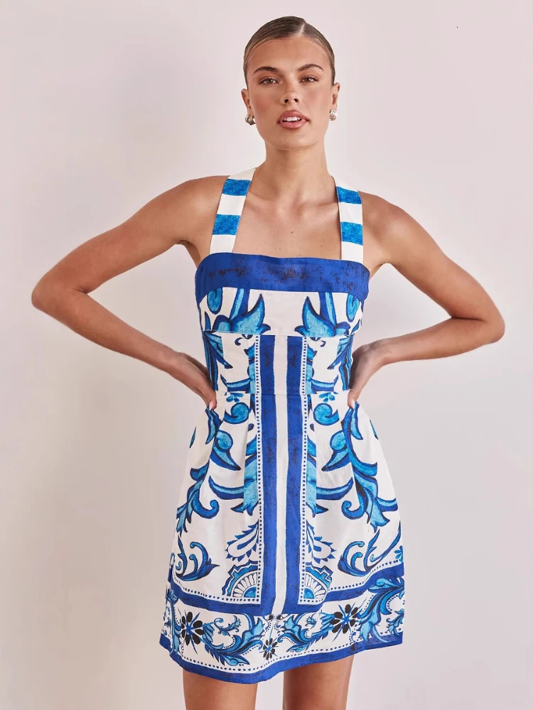 Summer Fashion Womens Elegant Print Bohemian Short Skirt Vacation with Girl Sexy Color Blocked Dress 250313