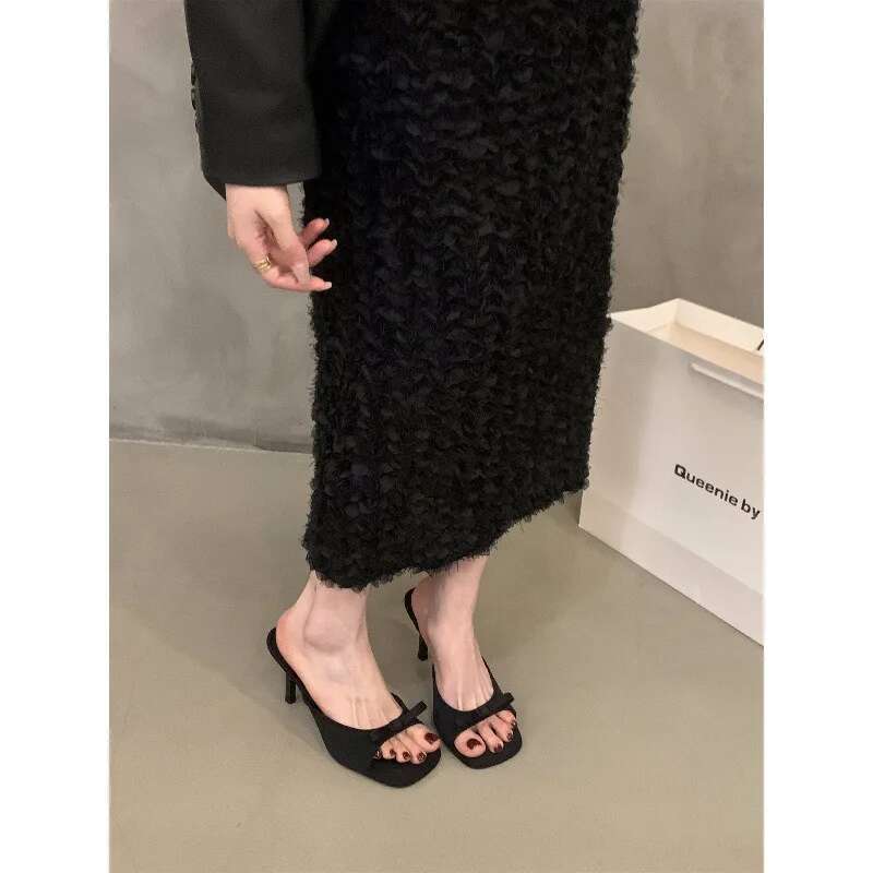 Slippers Summer Fashion Butterfly-knot Satin Women Slipper Slip On Ladies Sandal Thin High Heel Outdoor Dress Slides Shoes