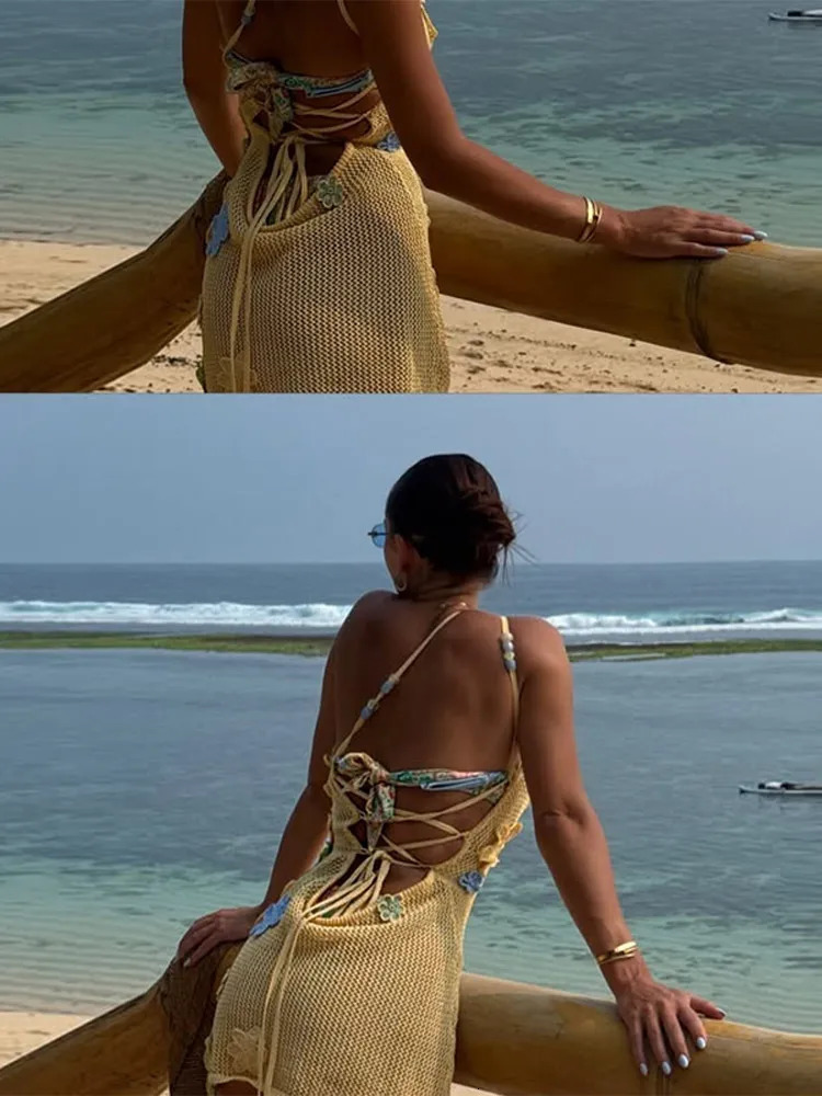 Sexy Knit Flower Sling Mini Dress Women One Shoulder Backless Bandage Hollow Out Dresses Female Summer Lady Beach Robes 250313