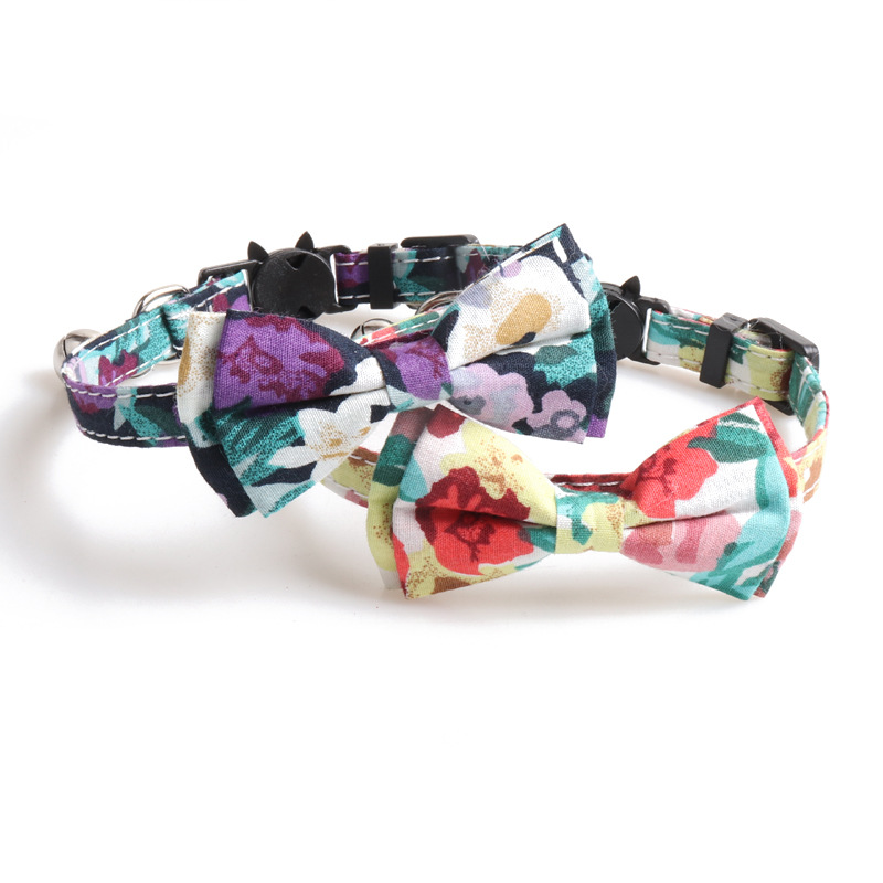Breakaway Cat Collar with Bow Tie and Bell Floral Oil Painting Style Cat Kitten Collar with Removable Bowtie Adjustable Safety Collars for Girl Cats B