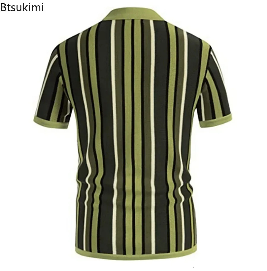 Mens Summer Casual Knitted Shirts British Retro Stripe Patchwork Short Sleeve Jacquard Business Polo Shirt 250313