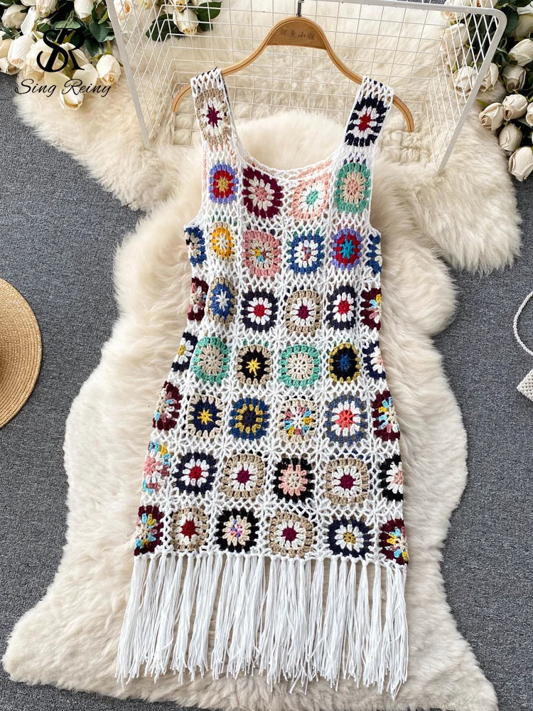 SINGREENY Sunmmer Knitted Dress Hook Flower Hollow tassel Womens Ultra Thin Street Clothing Original n Fashionable Retro 250313