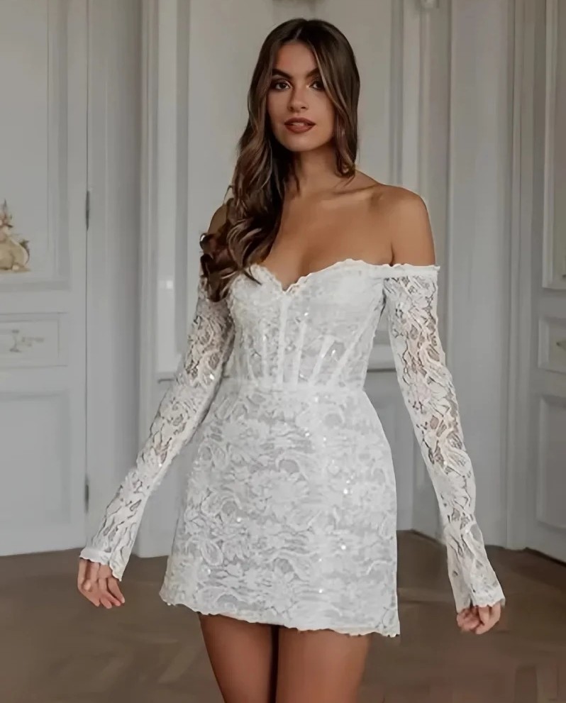 2025 Short Off Shoulder Wedding Dress Lace Bridal Gown Long Sleeves Women Lace Up Bride Dresses Party Dress Customized Vestido De Novia