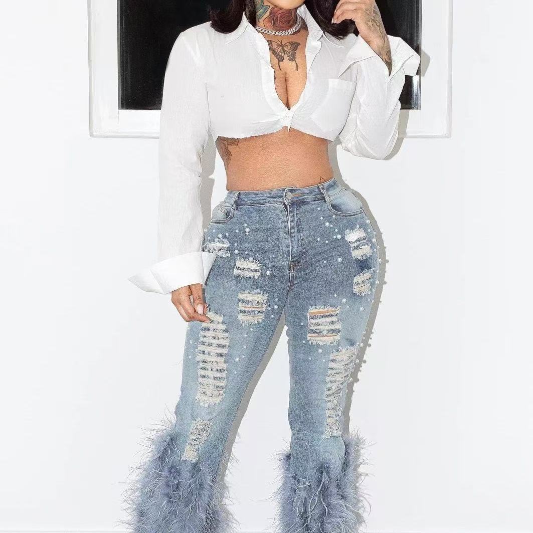 Women's Y2K Vintage High Waist Jeans - Tassel Hole Embellished Skinny Pants, Feather Trim Distressed Denim, Spring Streetwear Hollow Out Casual T