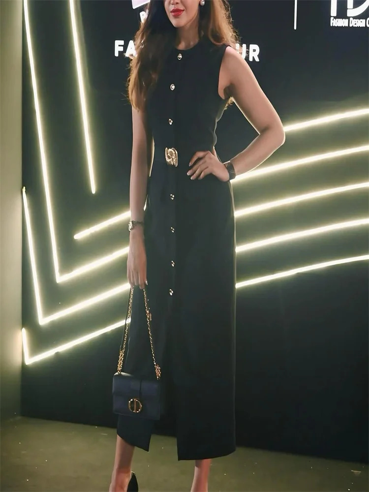 Elegant split style womens long skirt Oneck sleeveless single chest waist pleated pocket dress summer Vestidas 250313