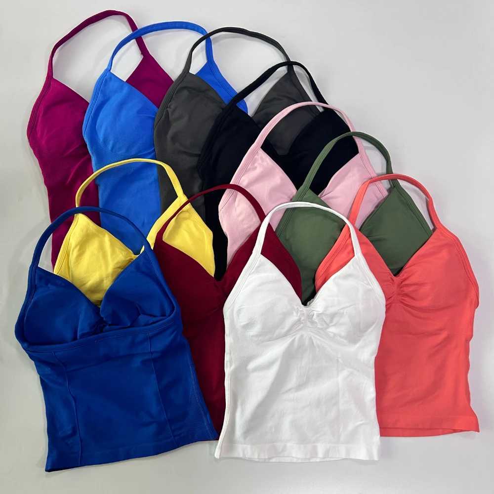 Active Shirts Tees 15 colors of impact long line shoulder strap gym top with back gym clothing womens Scrunch built-in bra vest top XS-XL Y250312CRW1