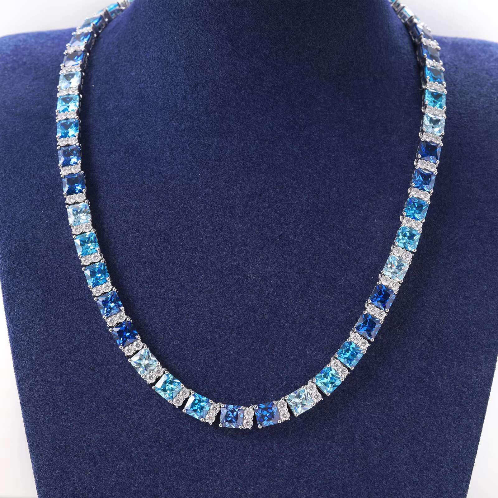 New design pure sier Vvs Moissanite 6.5mm long stick tennis chain necklace, summer blue gradient accessory