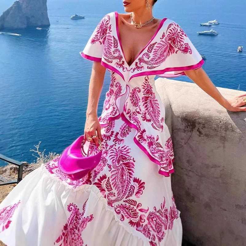 Urban Sexy Dresses Elegant Pattern Printing V-neck Maxi Dr New Casual Wrinkle Short Slip Holiday Dr 2025 Spring Womens New Pullover Dr Y240312HB00