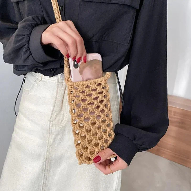 Women Fashion Small Crossbody Phone Bag Solid Color Hollow-out Woven Crochet Lightweight Braided Shoulder Handbag Crossbody Bags R250312