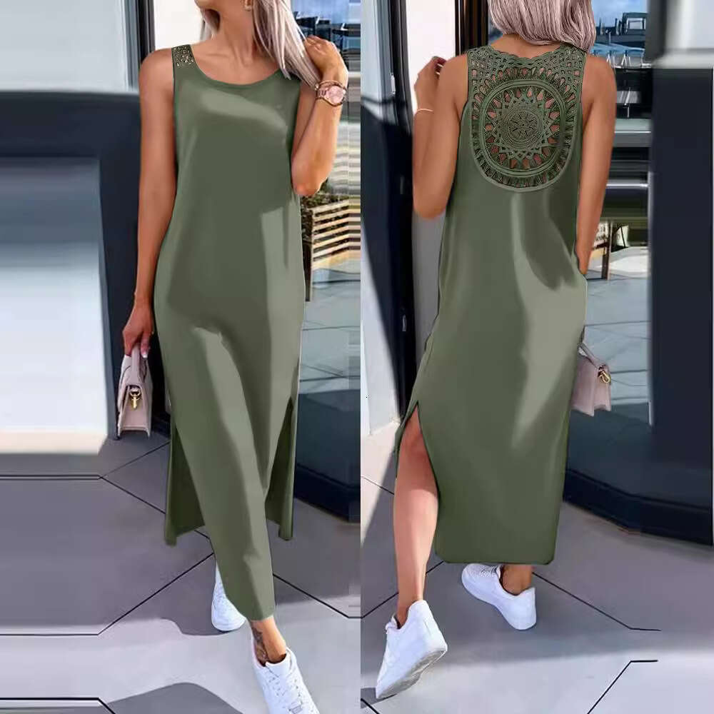 women's clothing, European and American summer hollow solid color medium long dress, 2025 temperament versatile new trend clothing ins