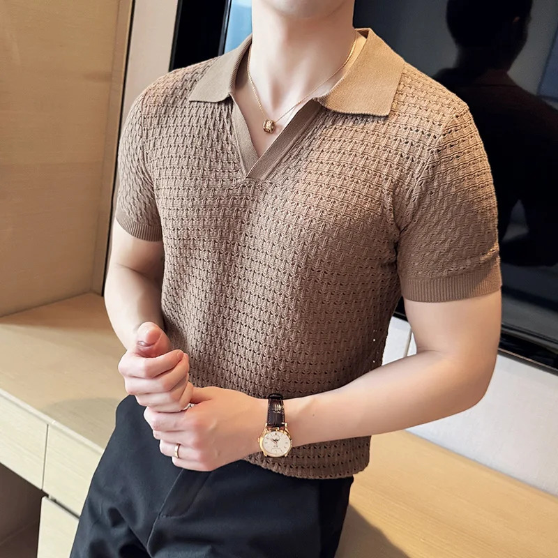 Purple mens Vneck polo shirt daily casual short sleeved top fashionable hollow knit 3XLM 250313