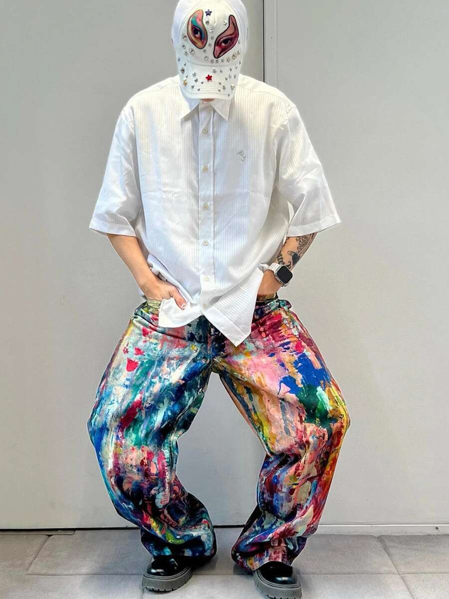 Unisex Aesthetic Paint Baggy Jeans Color Graffiti Straight Wide Leg Denim Pants Long Trousers Hip Hop Women Streetwear