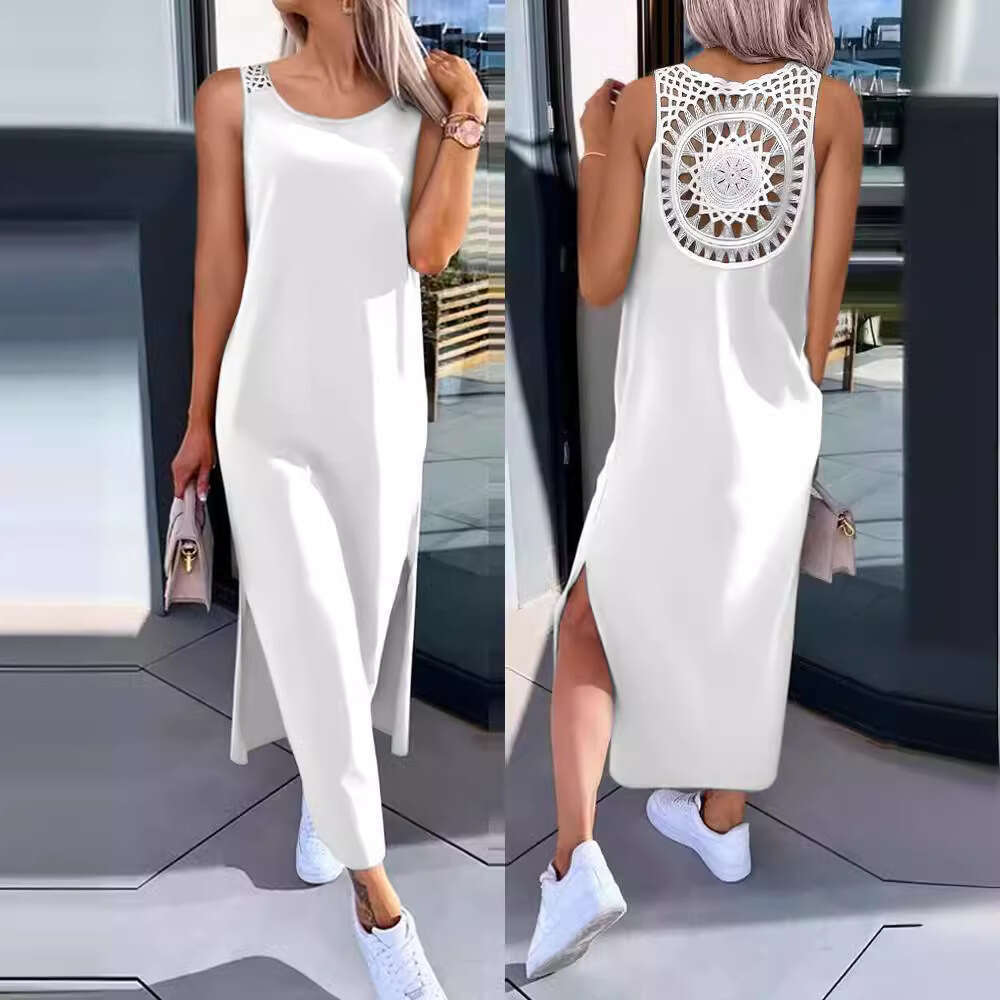 women's clothing, European and American summer hollow solid color medium long dress, 2025 temperament versatile new trend clothing ins