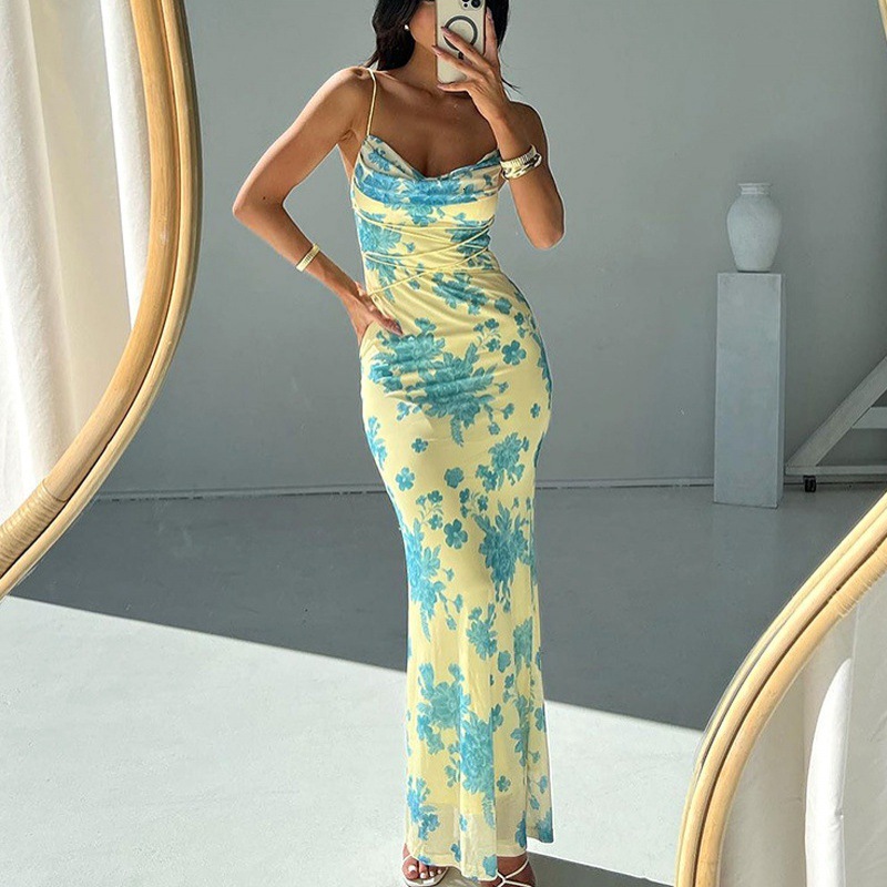 2025 Spring New Women's Sexy Temperament Strap Wrap Hip Skirt Floral Slimming Dress