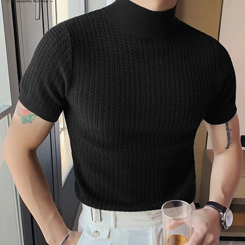 Casual Knit Tops Men Summer Fashion Solid Ribbed Elastic Slim Turtleneck T Shirt Streetwear Mens Short Sleeve Trend Tees 250313