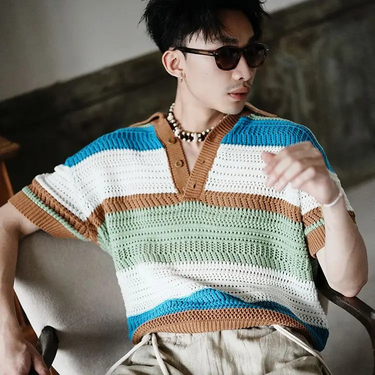 Retro POLO shirt color matching jacquard short sleeved knitted with hollowed out loose Tshirt top for men and women y2k 250313