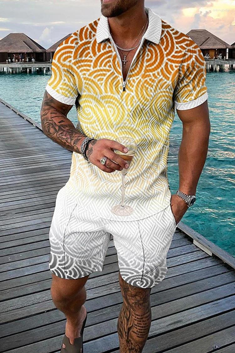 Designer Shirts Men: Bohemian Geometric 3D Print Polo Shirt Zipper Lapel Set & Shorts - Hawaiian Holiday Outfit