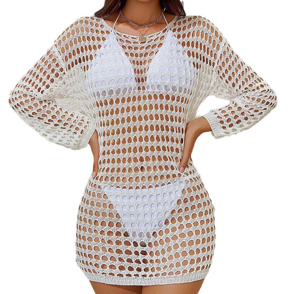 European American bikini mesh hollow knitted sweater swimsuit beach summer women's dress 2025 new style chic and elegant clothing