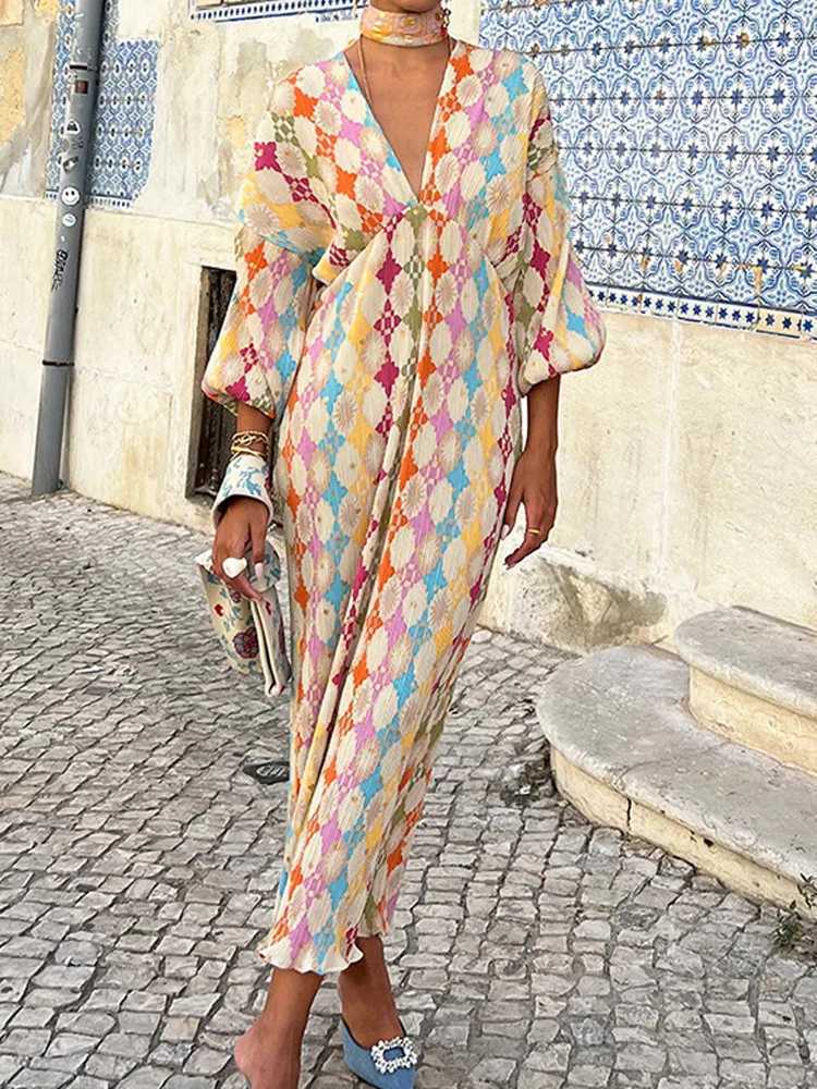 Urban Sexy Dresses 2025 Summer Women Geometric Patterns Print on Dr V-neck Puff Slve Loose Pleated Midi Dr Female Robes Plus Size S-3XL Y240312IYTV
