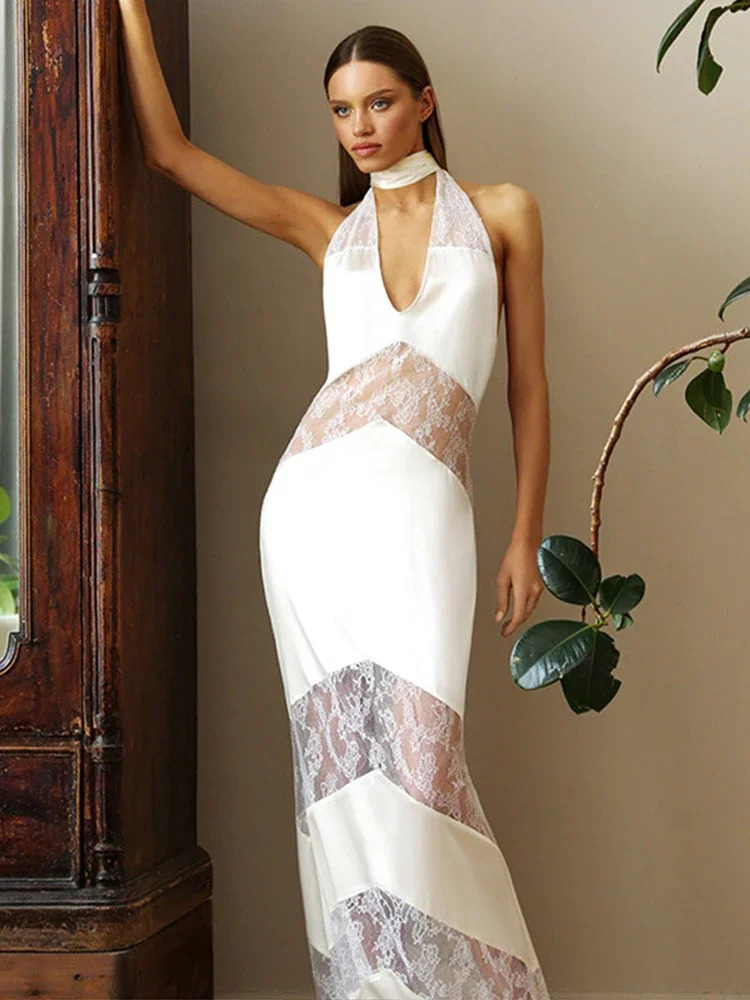 Elegant Solid Backless Lady Maxi Dress Chic Lace Patchwork Women Halter Dresses Evening Party Hip Package Female 250313