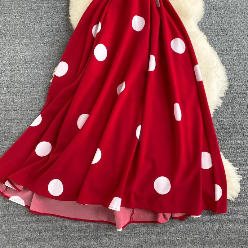 YuooMuoo Women Dress Korean Fashion Polka Dot Print Long Summer Vacation Style Sash Bandage Big Swing Beach 250313
