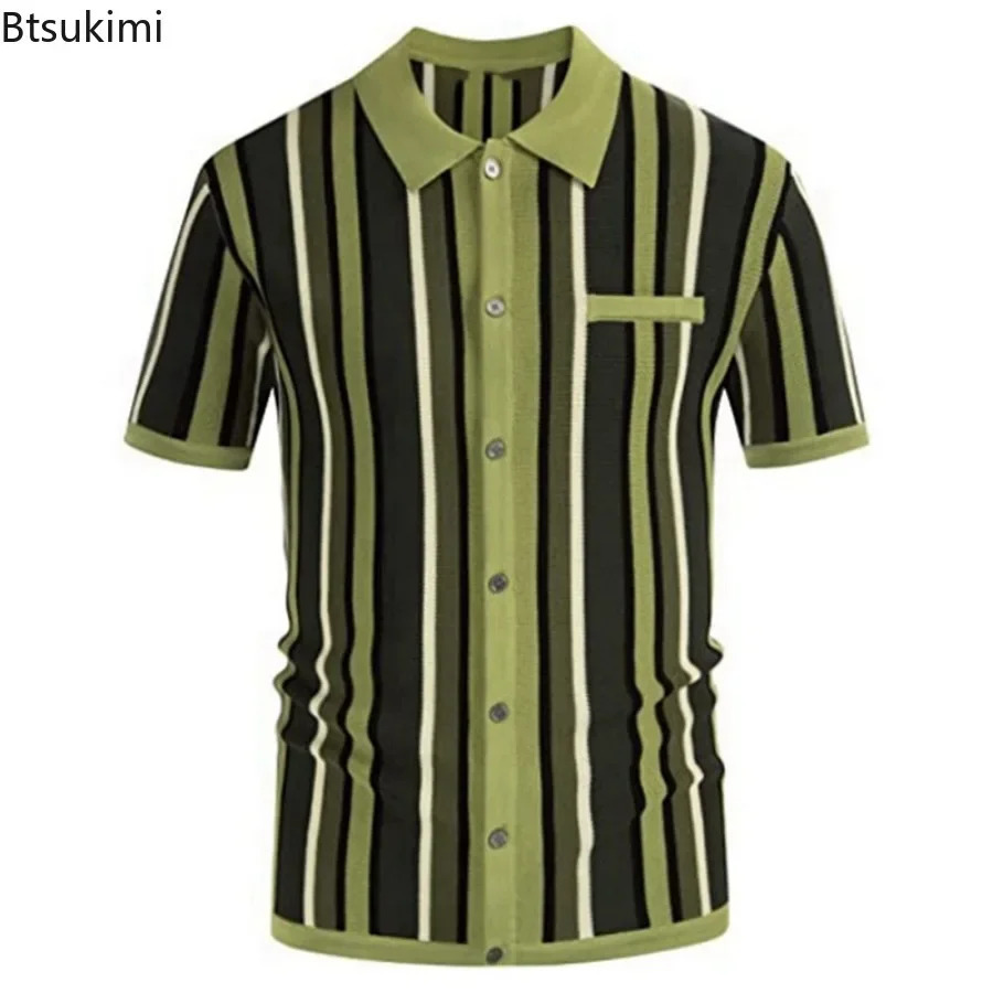 Mens Summer Casual Knitted Shirts British Retro Stripe Patchwork Short Sleeve Jacquard Business Polo Shirt 250313