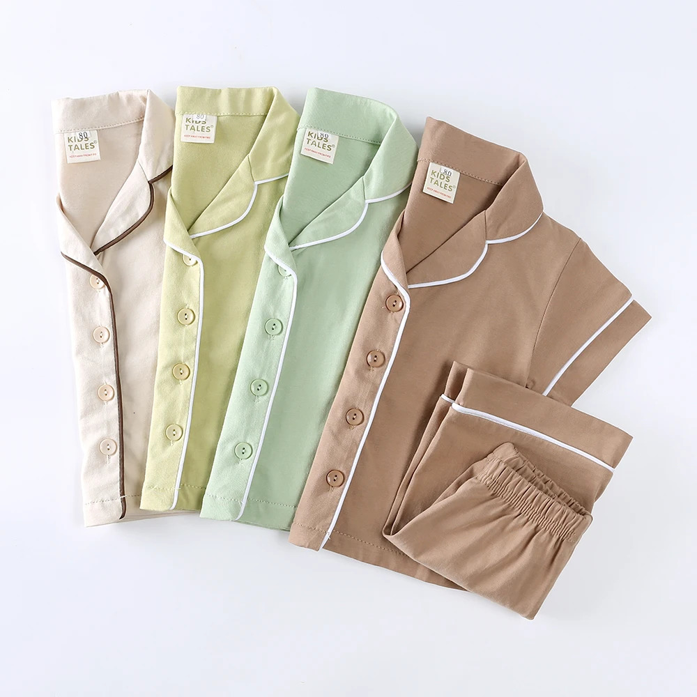 Summer Kids Pajamas Sets Soild Cotton Short Sleeves Comfortable Clothes Baby Pyjamas Loungewear Toddler Boy Girl Sleepwear 250312