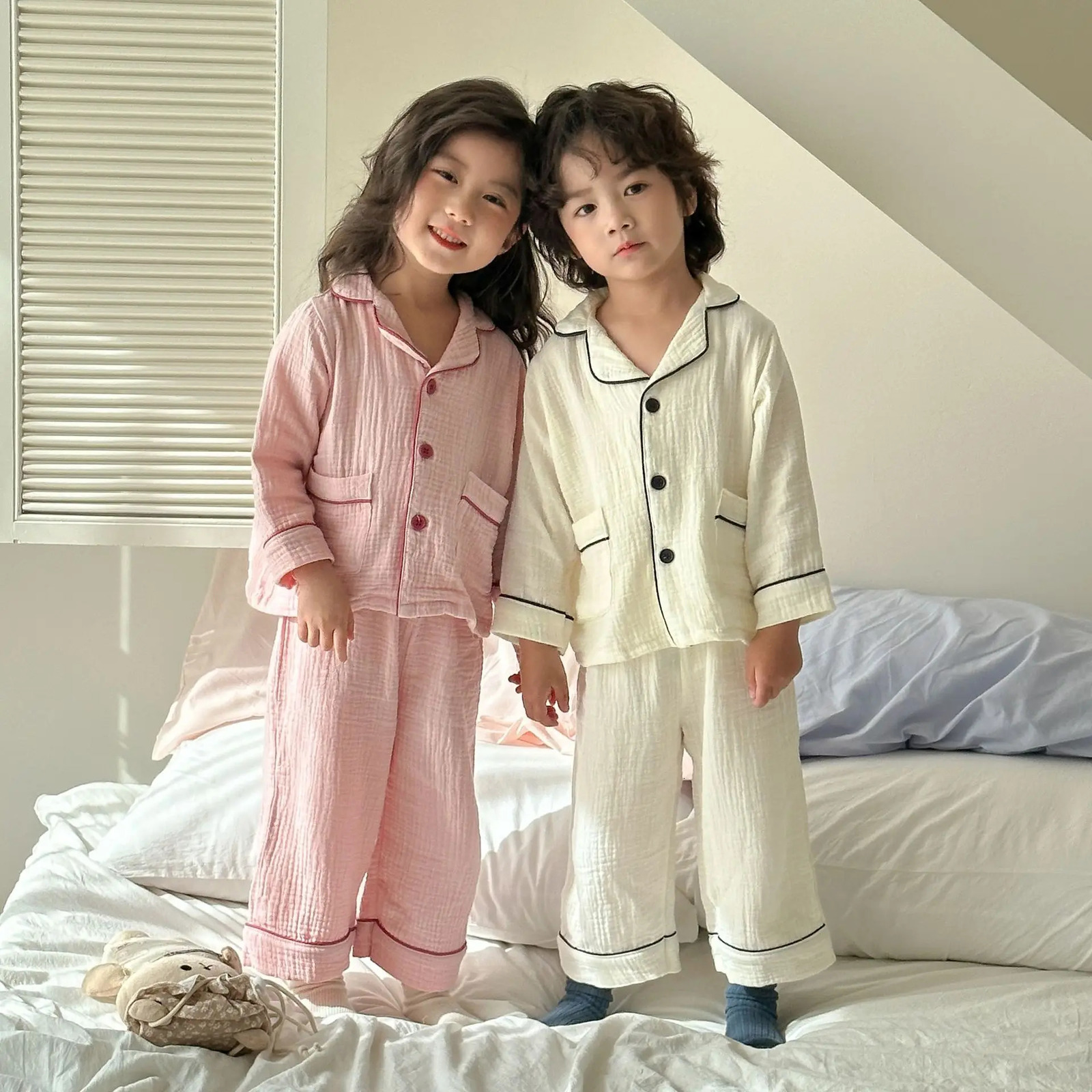 Spring Autumn Childrens Sleepwear Pure Cotton Gauze Class A Long Sleeved Set For Girls Kids Baby Homewears Set 250312