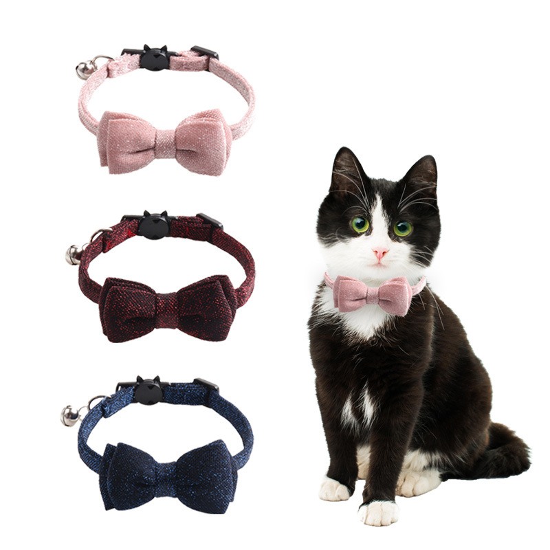 Cat Collar Breakaway with Bowtie and Bell, Red Sparkling Suede Fabric Fashion Kitten Collar with Removable Cat Bowtie Collar for Kitty Cat (18-28cm) B