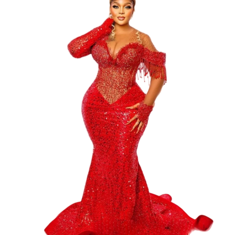 Glitter Red Sequined Mermaid Prom Dresses Pearls Sequins Beads Long Sleeves Aso Ebi African Arabic Formal Reception Gown 2025 Sparkly Elegant Evening 