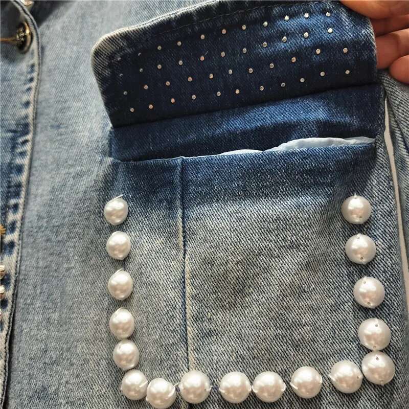 Women Pearls Beaded Denim Suits Jacket Turn Down Collar Jeans Blazers Coat Spring Autumn Loose Rivets Cardigan Mid Length Tops